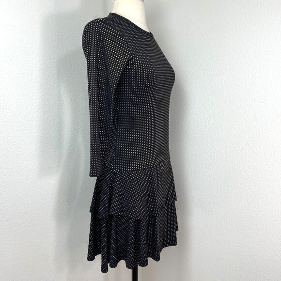 Michael Michael Kors Black Gold Studded Dress XS Drop Waist Flounces 3/4 Sleeves - Picture 10 of 13